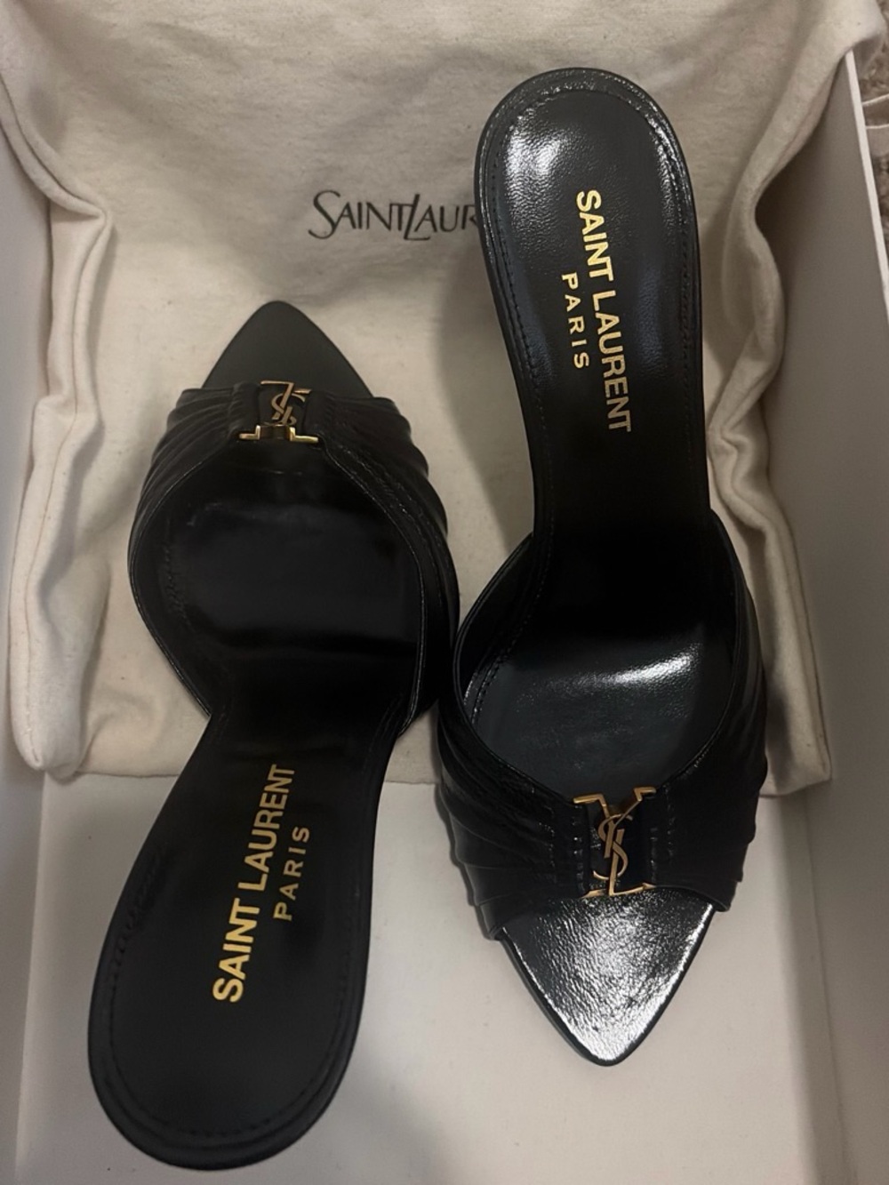 Saint Laurent Babylone Black Leather Pointed Mules with Gold YSL Hardware